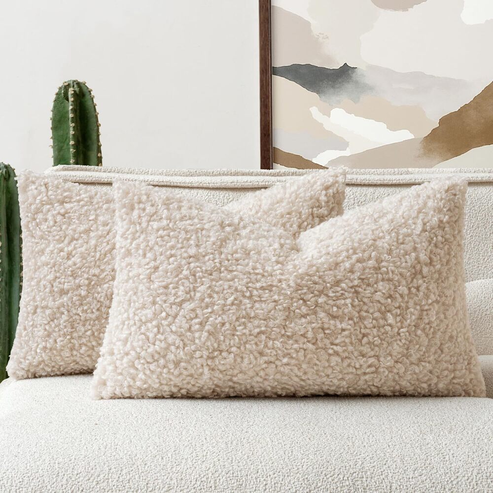 2973 Faux Fur Throw Pillow Covers 20x12 Inch Set of 2 Boucle Neutral